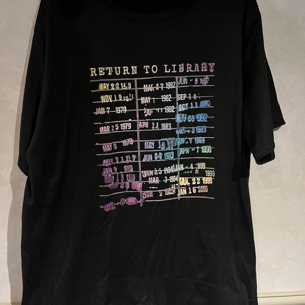 Return to Library Black Graphic Tee with Pastel Ombre Print